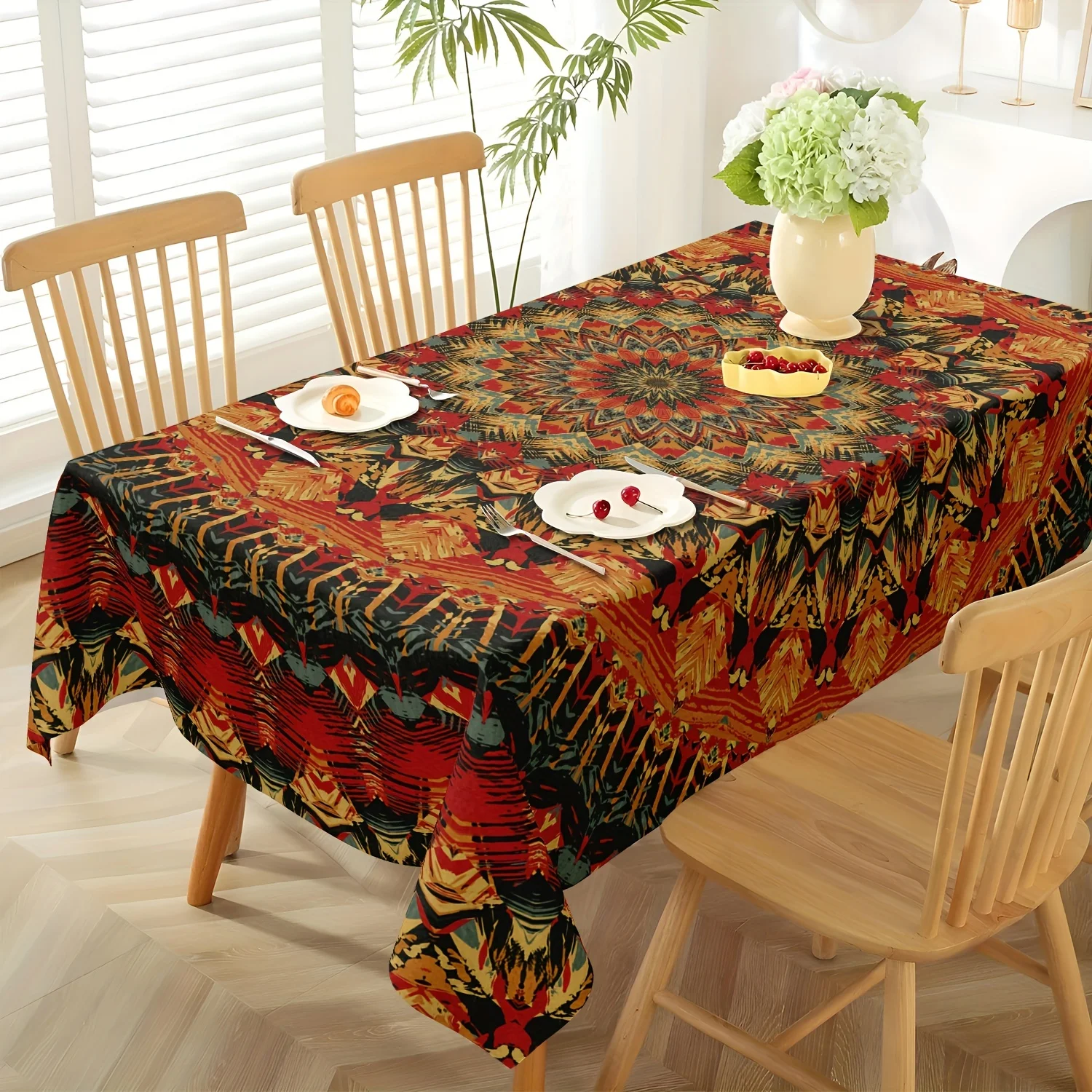 One-piece polyester tablecloth, featuring a retro mandala design, suitable for round tables