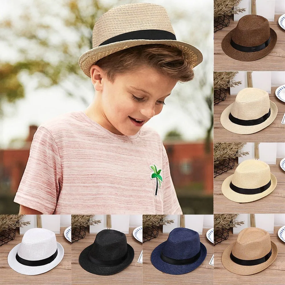 

Children Kids 2023 Summer Beach Straw Hat Jazz Panama Trilby Fedora Hat Gangster Cap Outdoor Breathable Hats Girls Boys Sunhat