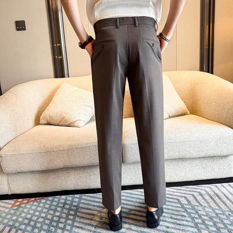 Men Summer Business Casual Trousers Lightweight Stretch Suit Pants Elastic Waist Flat Front Cropped Length Office Wear