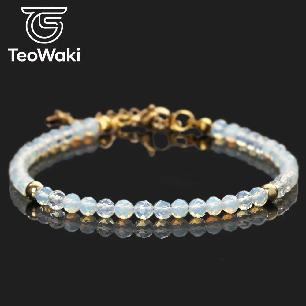 TeoWaki Faceted Natural White Opal Adjustable Bracelet Stainless Steel Extension Chain Dainty Stackable Daily Jewelry Gift17+5cm