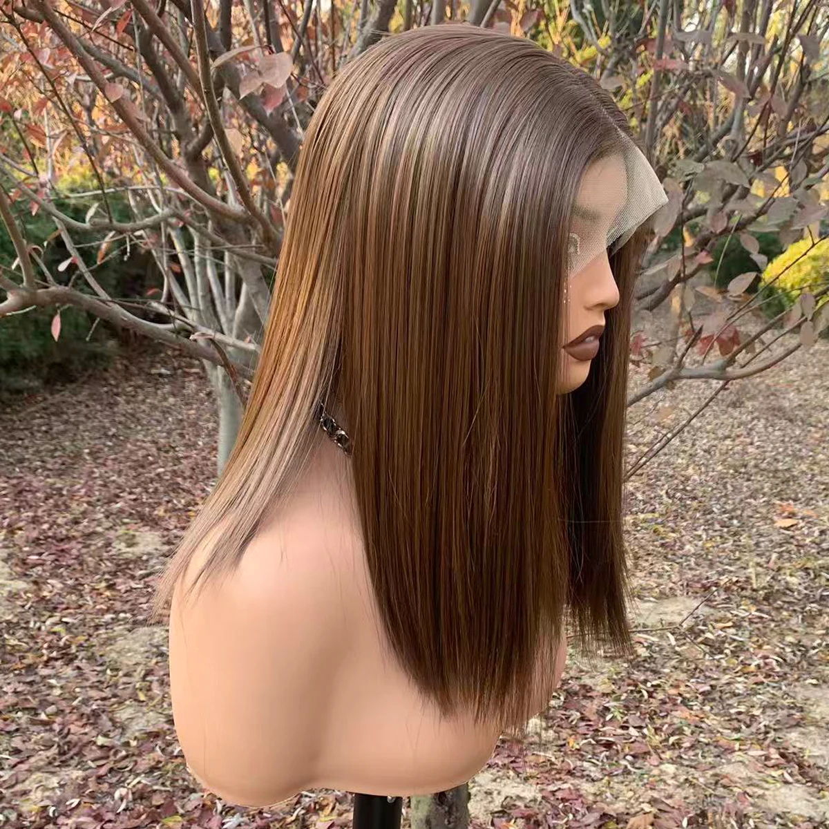 Light Brown Bob Wig 13X4 Glueless Synthetic Lace Front Wigs 150%Density 14inch Short Wig Heat Resistant Hair