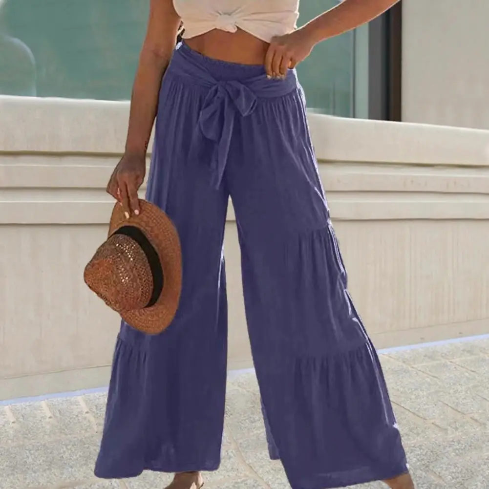 

Bowknot Pleated Wide Leg Pants Women High Waist Lace Up Beach Pants Pure Color Ankle Length Lady Summer Trousers Streetwear