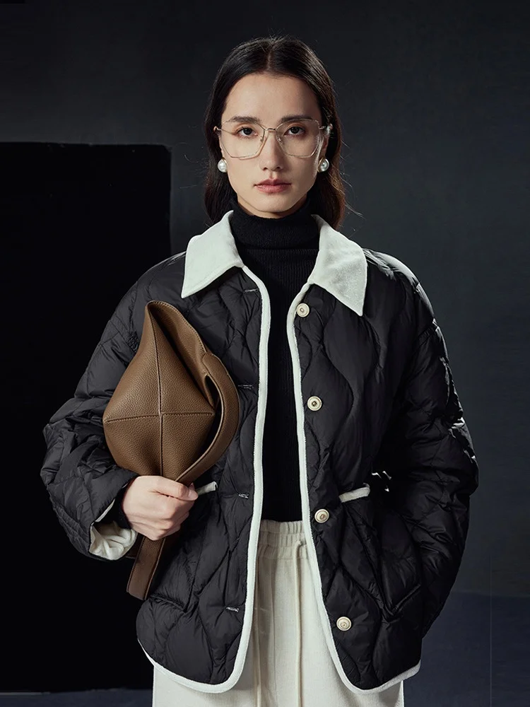 

Classic Short Shirt Style Duckling Pattern down Jacket Simple Commute Style Women's Fashion Warm White Goose Feather Filling