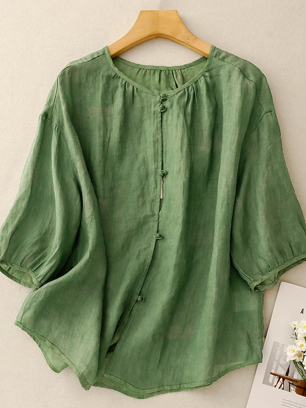 Lightweight Breathable Cotton Linen Short Sleeve round Neck Casual Shirt Women's Summer Fashion Pure Color Button up Top