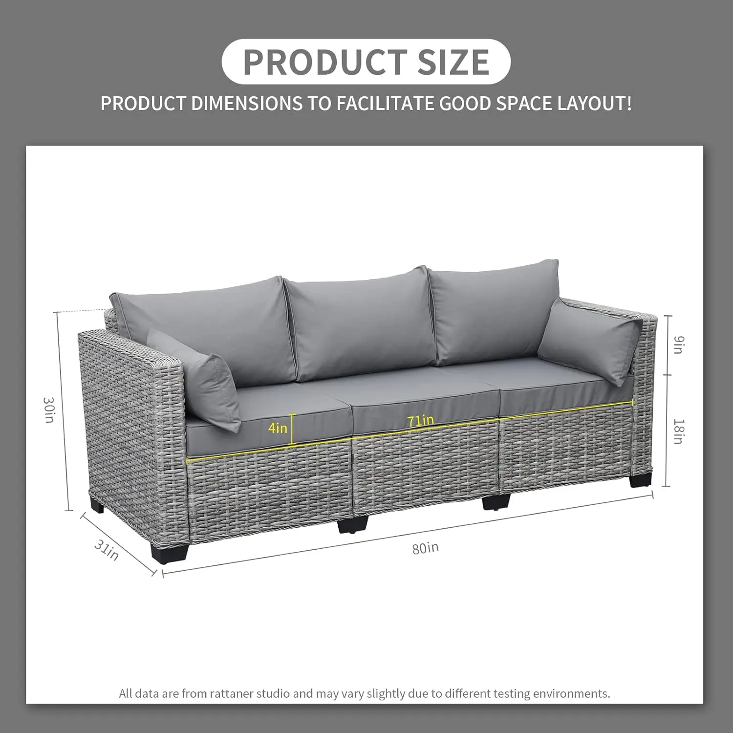 Outdoor Couch Grey Wicker Patio Furniture 3-seat Sofa Deep Seat Hight Backrest with Waterproof Cover and Anti-Slip Cushions