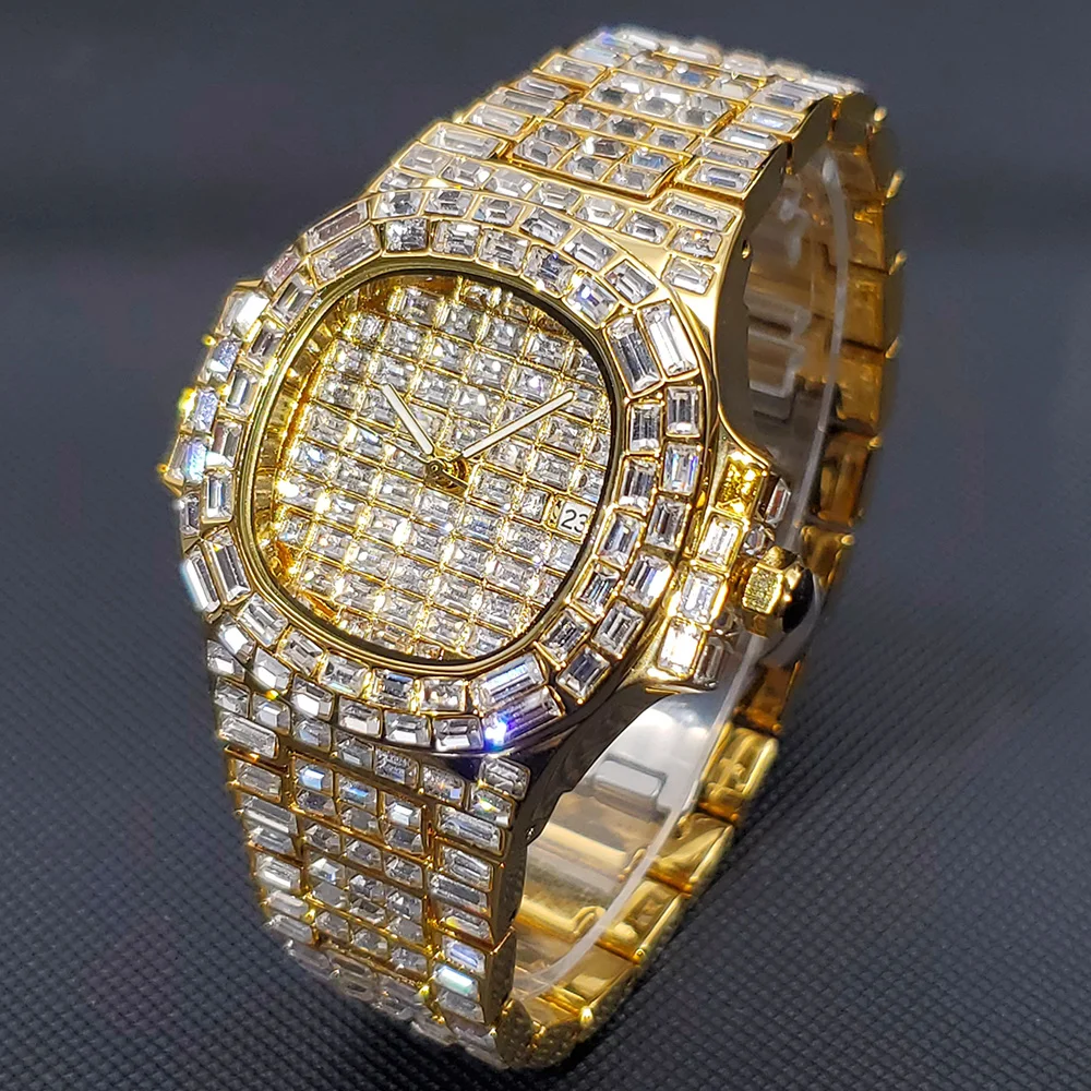 Luxury Golden Diamond Watches Men Inlay Full Rectangular Zircon Bling Bling Wristwatch Hip Hop Iced Out Relogio Masculino Gift