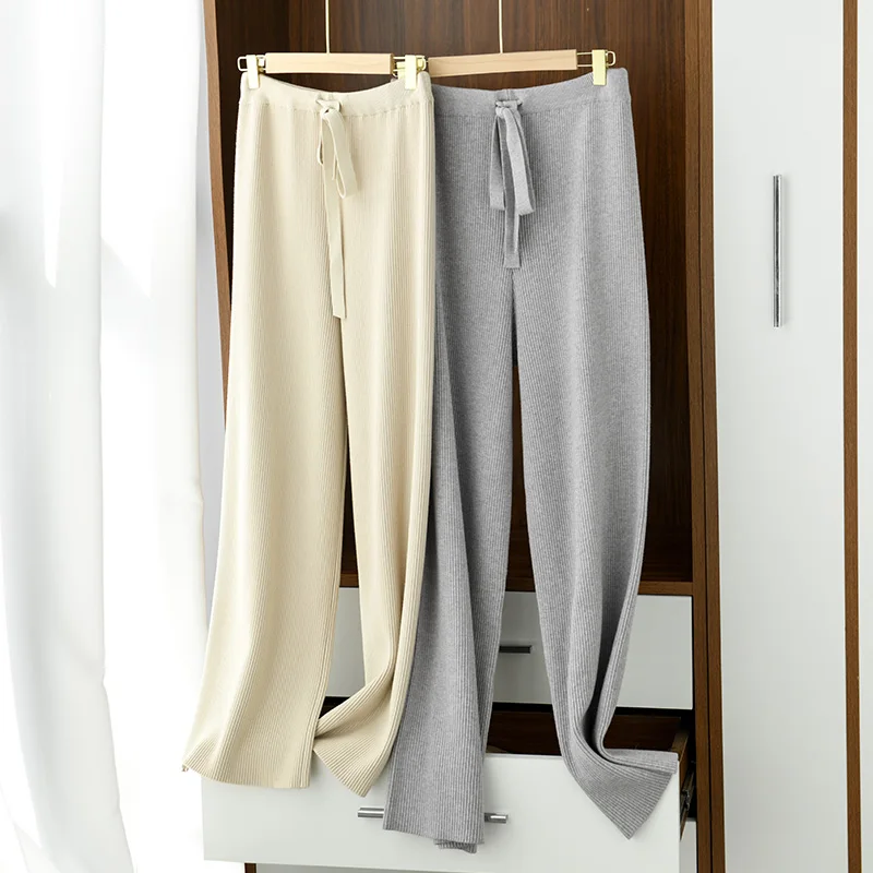 Fall  Women's Knitted Wool Wide Leg Pants Elastic Waist Drawstring Slimming Casual Long Straight Tube Sweater Trousers