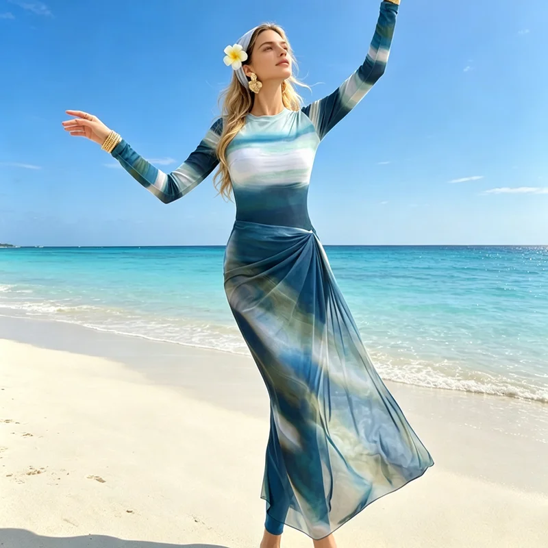 3‑Piece Women Modest Burkini Swimsuit Gradient Print Wrap Skirt Long Sleeve Top And Long Pants Full covered beach bathing suit