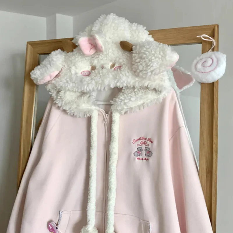 Sheep Hoodie Y2K Kawaii Little Chic Lovely Long Sleeve Loose Coat Girl Sweet Zipper Embroidery Jacket Autumn Casual Overcoat New