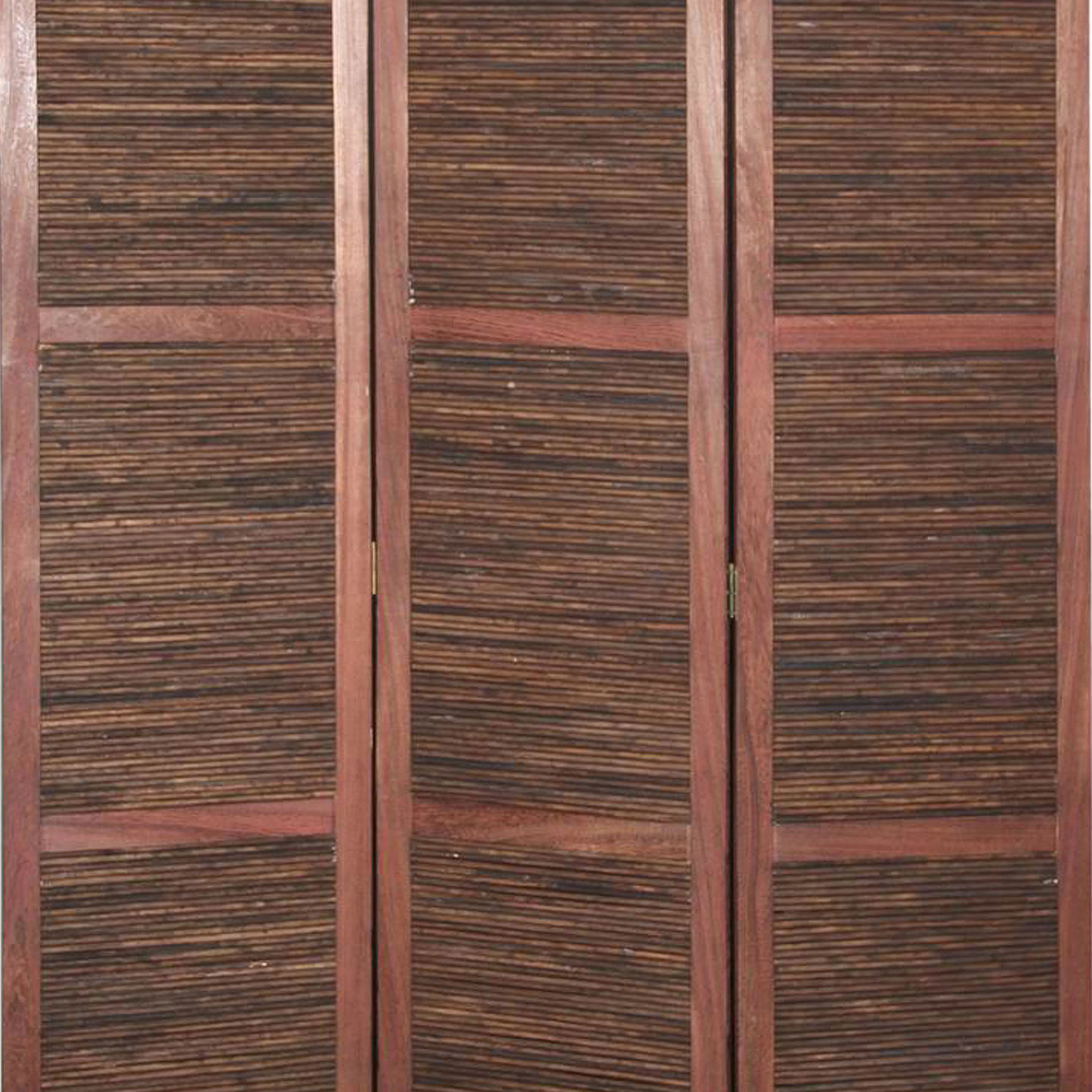 Wooden 3 Panel Room Divider with Horizontal Bamboo Stripes, Dark Brown