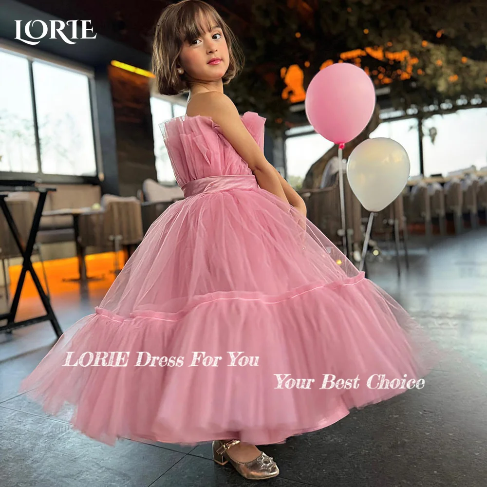 LORIE-女の子のためのストラップレスフローラルドレス,牡丹のレースのバック,ラインa,ストレートボールの弓,チュールのパーティー,カスタマイズされた花