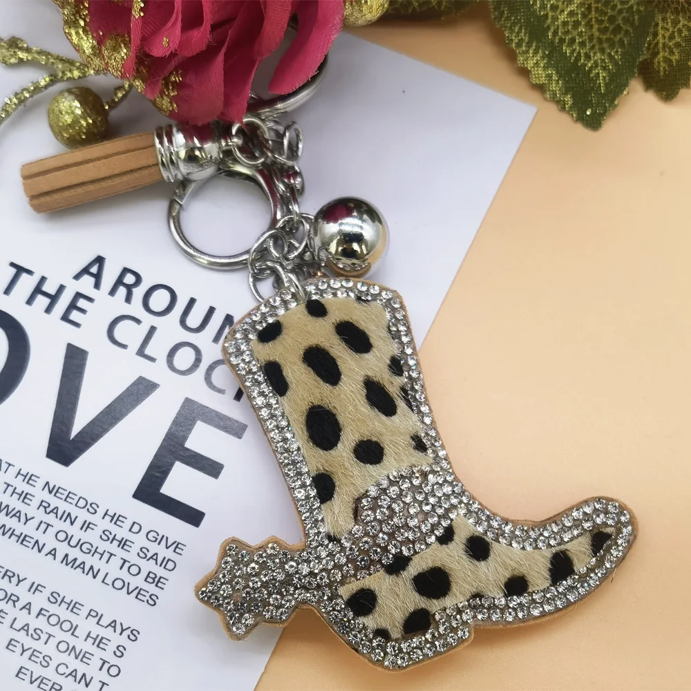 Leopard Print Rhinestone High Heels Keychain Pendant Fashion Ladies Car Key Accessory Alloy Jewelry Gift Small