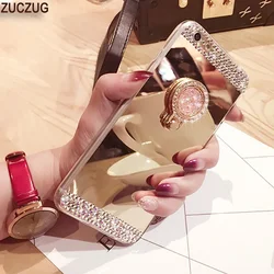 For iPhone 16 15 14 13 12 11 Pro Mini 8 7 XS Max XR SE Case Glitter Diamond 360 Rotation Ring Stand TPU Mirror Rhinestone Funda