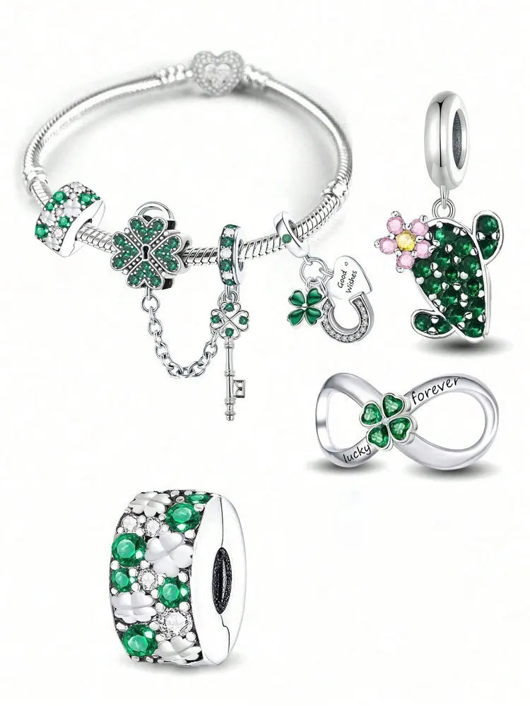 Armband mit Anhänger aus 925er-Sterlingsilber, grüne Pflanzen, Charm-Kugel, geeignet für Armbänder, DIY-Damenschmuck