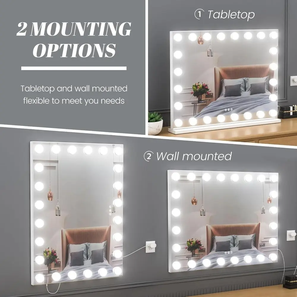 مرآة فانيتي هوليوود 32 × 24 مع تكبير 10 مرات، 24 لمبة LED في 3 ألوان، قابلة للتعتيم، قابلة للفصل، حامل على الحائط أو الطاولة، Wh #3