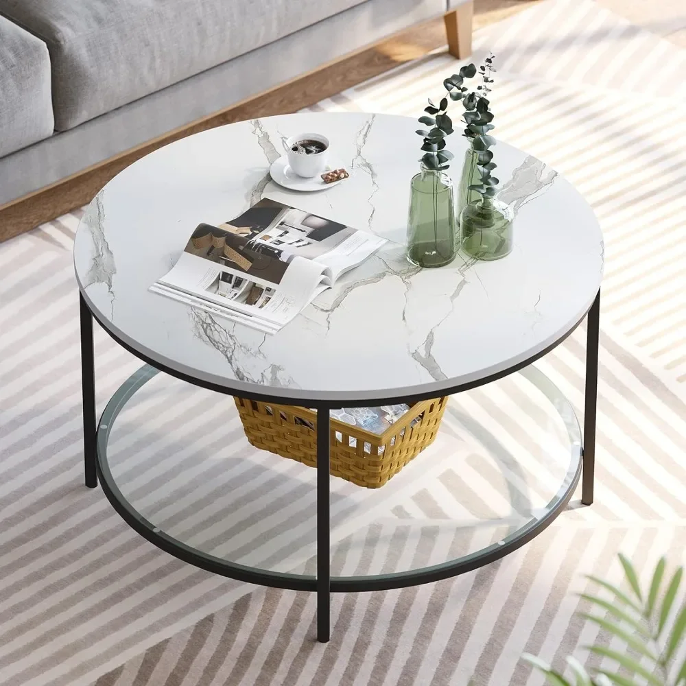 Circular coffee table, living room glass double-layer marble coffee table, transparent coffee table with storage space