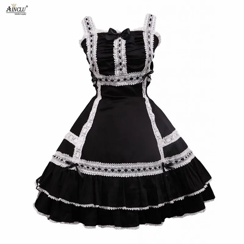 Mittellanges Kleid Frauen Baumwolle schwarz schlaflose Spitze klassische A-Linie Lolita Kleid mit weißen Spitzen/Schleife lässig Blase Lolita Kleid