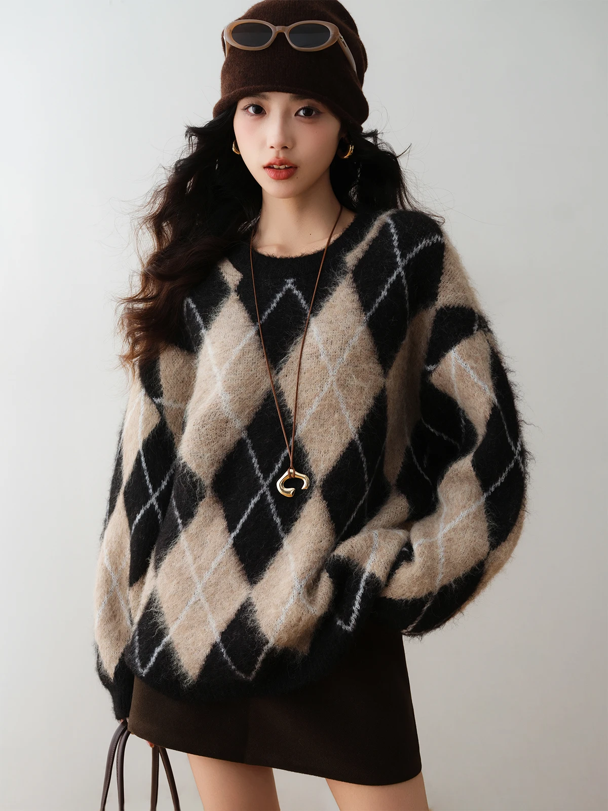 

Retro Sle Rhombus Pattern Fluffy Knitted Sweater Loose Lazy Sle Overhead Winter Women's Long Sve round Ne Sweater