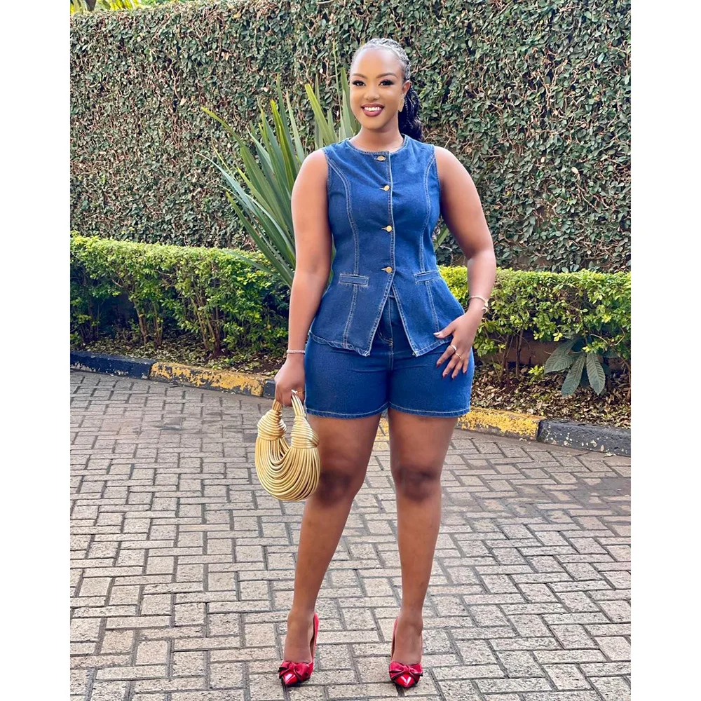 

Lazada High Street модный брендовый джинсовый комплект без рукавов, женские повседневные брюки из хлопчатобумажной ткани «пять четвертей»