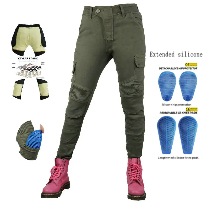 

Female Motorcycle Riding Pants Motocross Wear-Resistant Protecion Jeans Protective Trousers For Woman Green Loose Straight