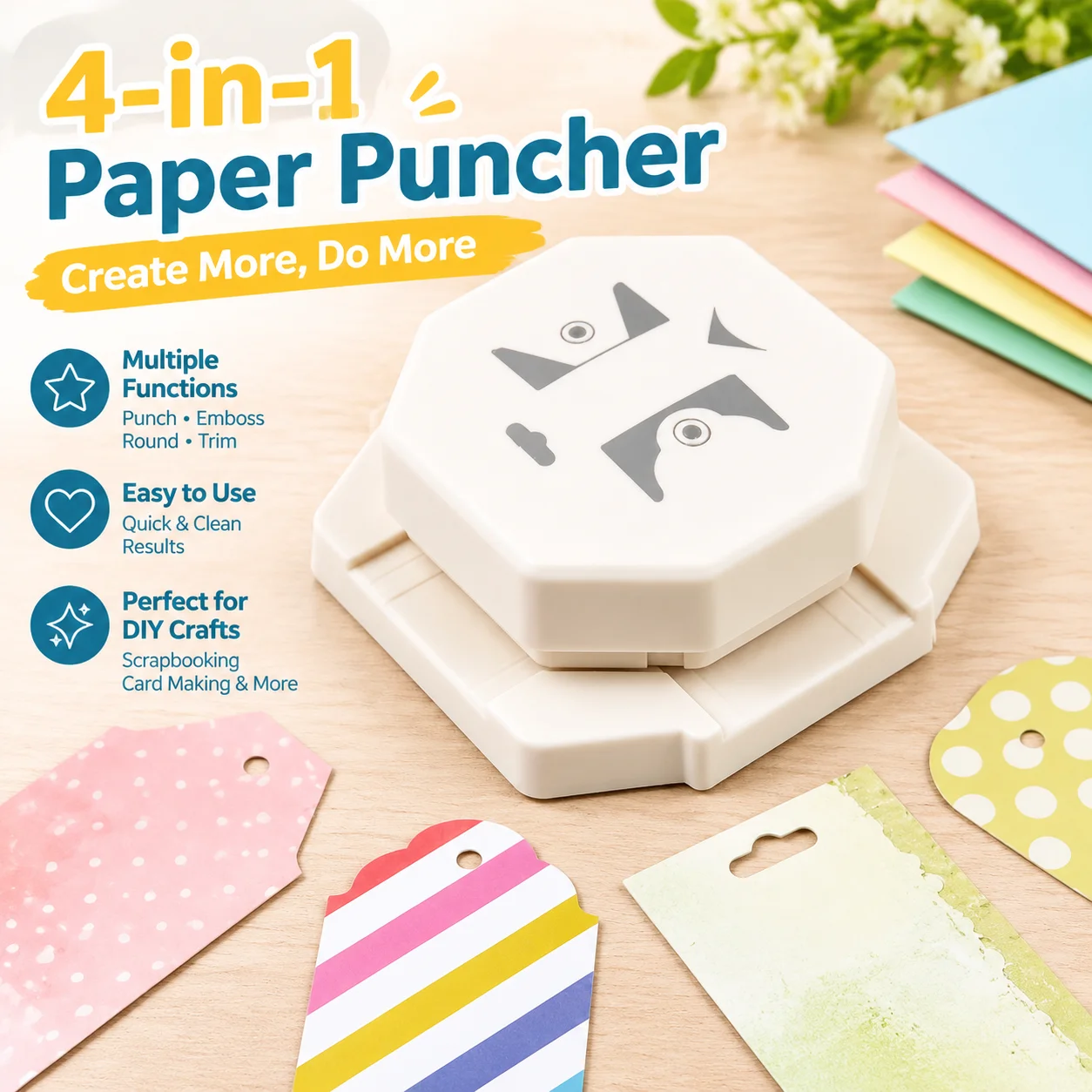 4-in-1 Hole Puncher Embossing Machine Corner Rounder Multi-Functional DIY Paper Cutter Fancy Edge Trimmer for Scrapbooking