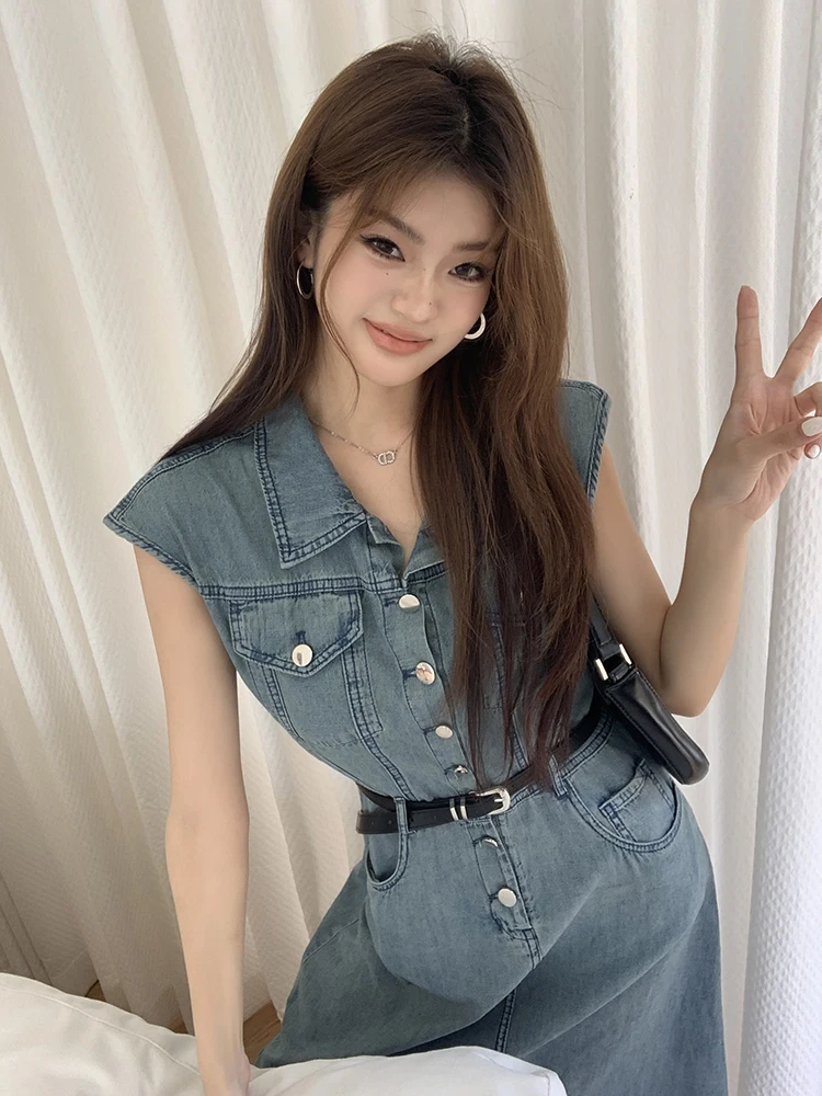 

Vintage Sleeveless Long Denim Dress Women's Summer Turn-down Collar Slim-fit Dress with Belt Fashion Female Clothes