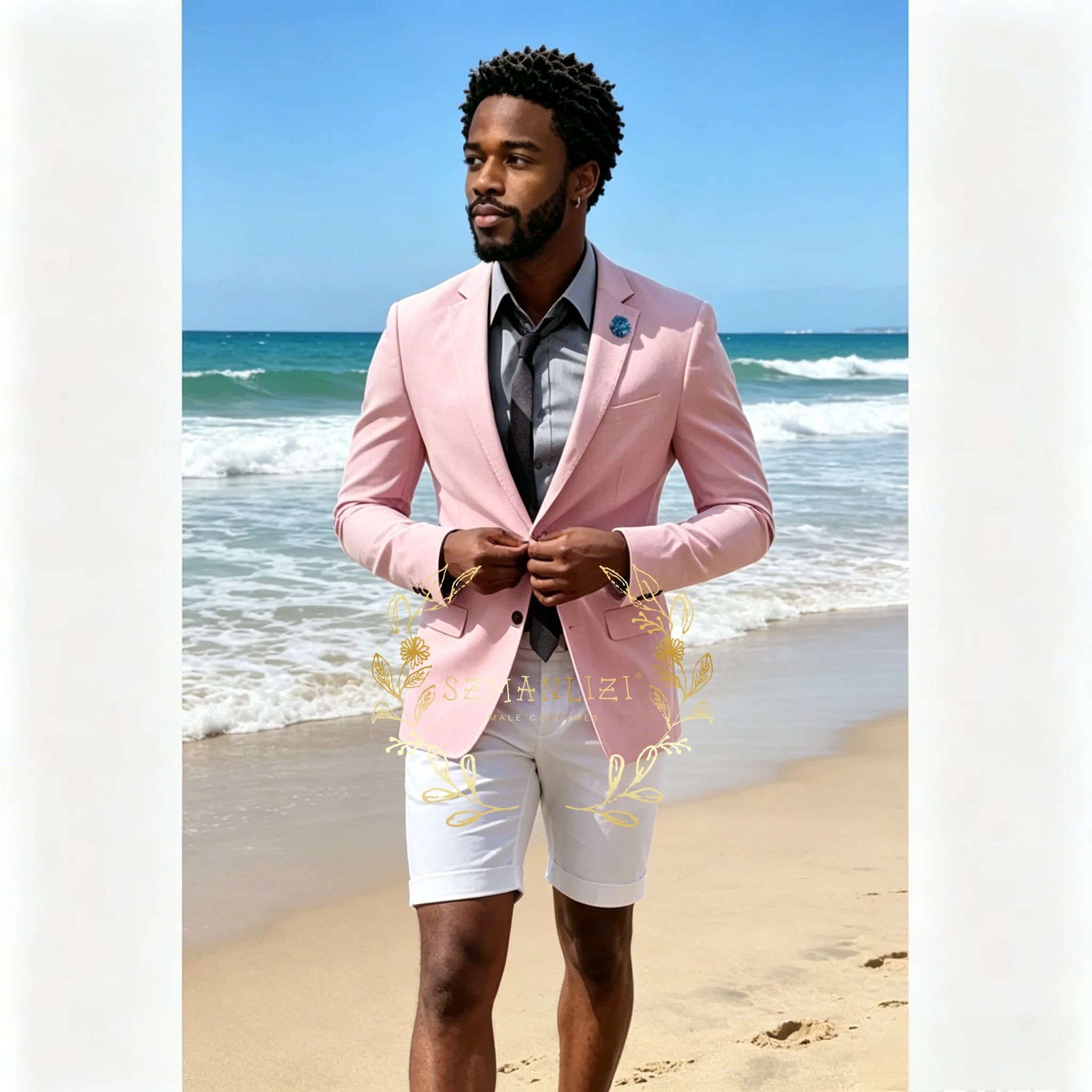

Classic Suits for Men Fashion Tailor-made Casual Pink Blazer White Short Pants Set Summer Groom Groomsmen Wedding Beach Tuxedos