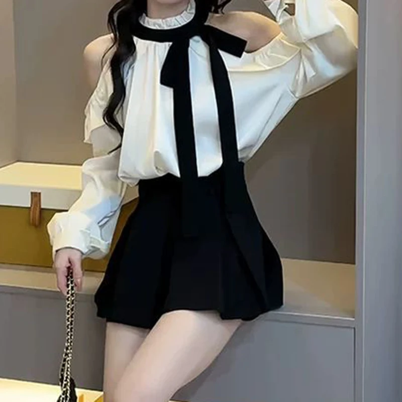 French sweet off-the-shoulder long-sleeved shirt with hanging neck women's spring and summer fashion design sense tie bow top