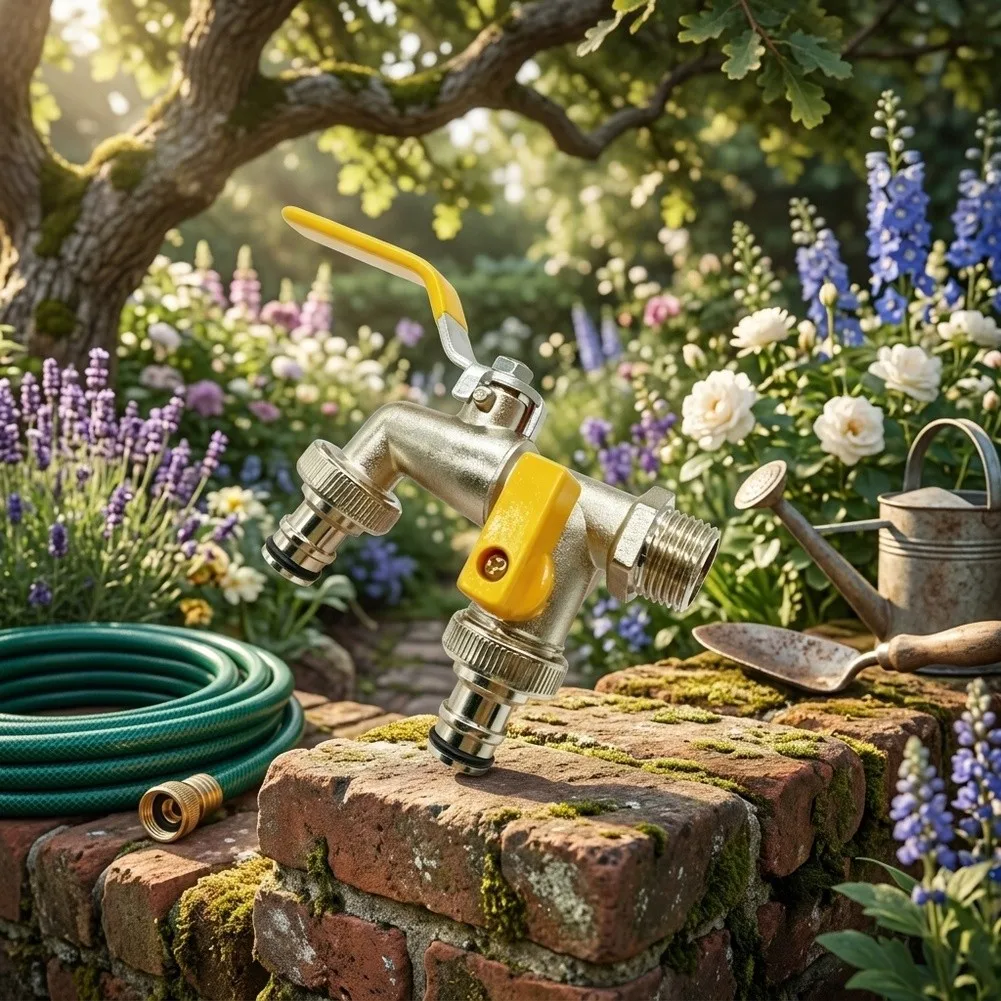 Garden Faucet Splitter 1/2 Inch Dual Outlet Copper Connector for Two Hoses Simultaneous Watering No Leakage Guaranteed