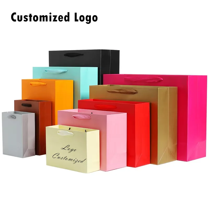 100PCS Custom Logo Printed Paper Shopping Bag With Handle For Clothing Gift Small Business Wig Packaging Bag Sacola De Papel