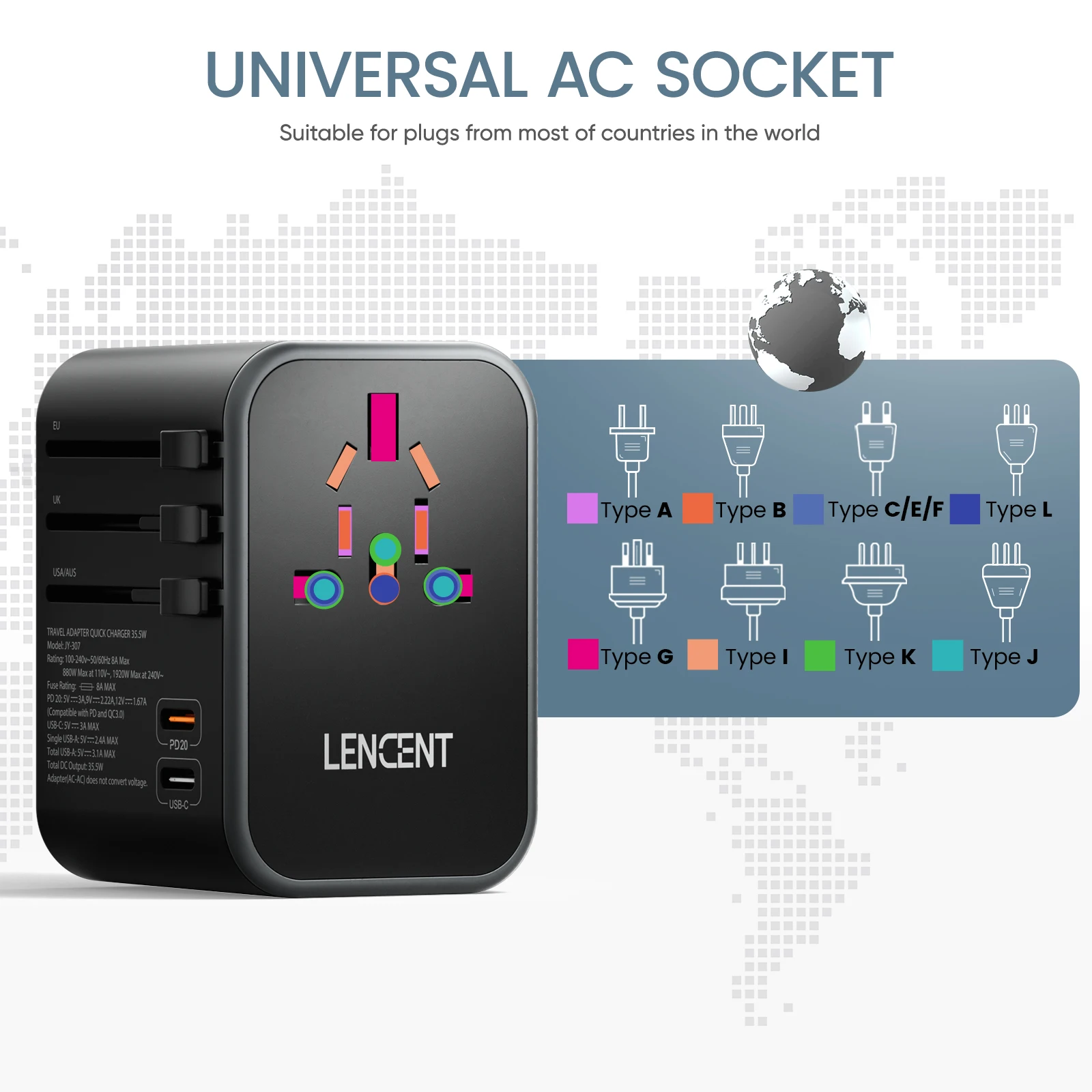 LENCENT 65W/45W/30W GaN Universal Travel Adapter with USB-A and Type C Fast Charging Power Adapter EU/UK/USA/AUS Plug for Travel