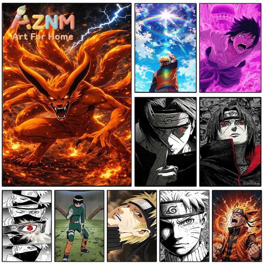 Anime Naruto Canvas Wall Art Kurama Nine Tails Beast Fire Lightning Poster Unframed Canvas Painting Bedroom Living Room Home W