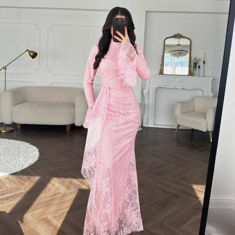 Damenkleider mit Rundhalsausschnitt, Langes Kleid, Maxi-Robe mit Schnürung, Tailliertes A-Linien-Kleid für Bürodamen, Spitzenkleid für Sommer und Hochzeit, Vestidos 2026