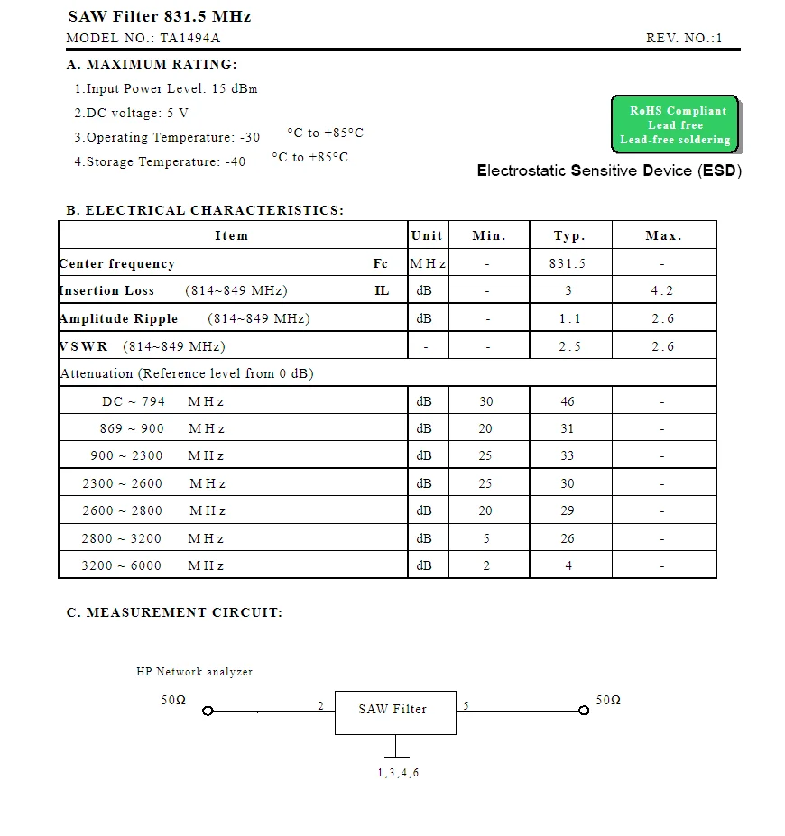 10 قطعة رمز TA1494A Q2 العلامة التجارية الجديدة الأصلية 831.5 ميجا هرتز المعبأة SMD SAW مرشح في المخزون