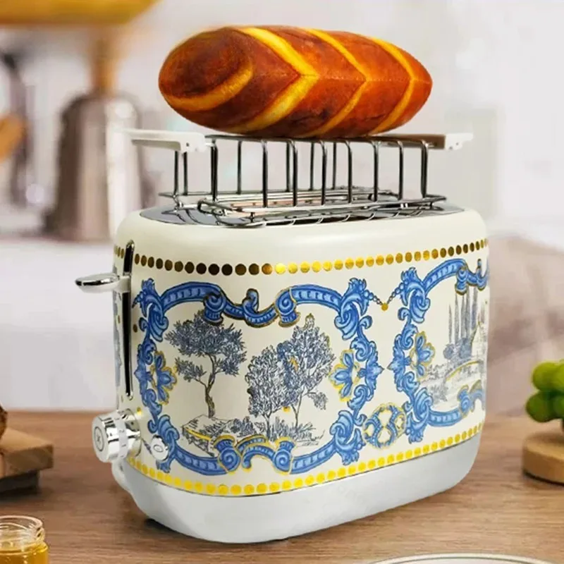 2-Slice Ceramic Electric Toaster Retro Hand Drawn Spray Printing Sandwich Grill Breakfast Bread Baking Maker Toast Oven Heater