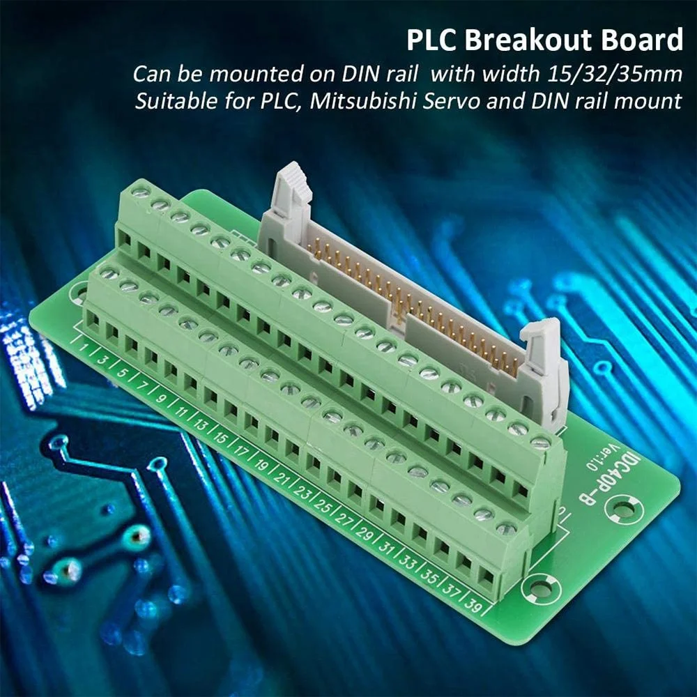 Conector Strip Breakout Board, Bloco Terminal Plug, Interface PLC com suporte, Montagem em trilho DIN, 40Pin, IDC40P