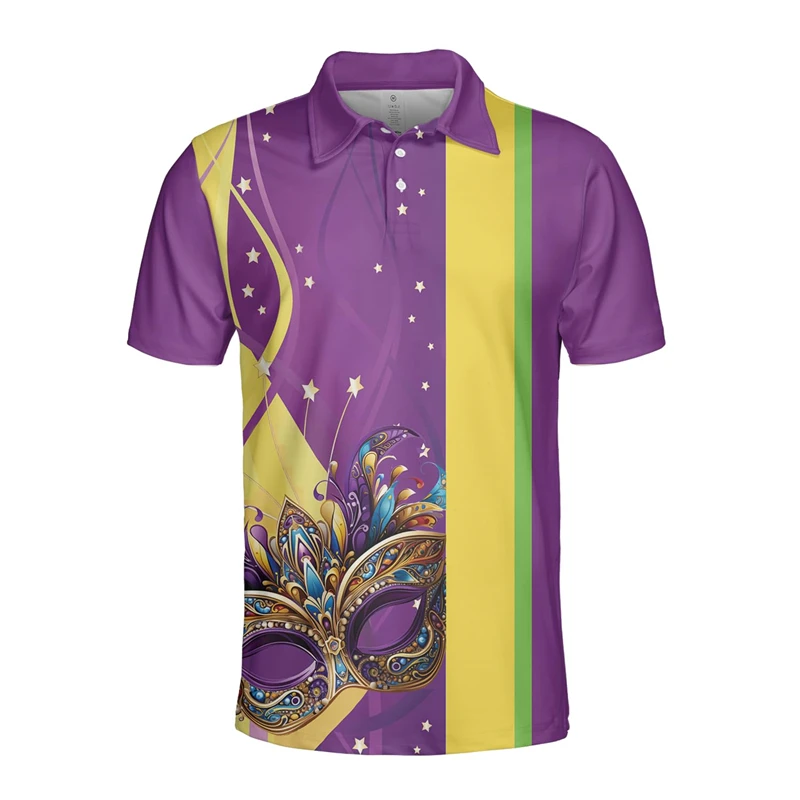 Mardi Gras Graphic Short Sleeve Polo Shirts For Men Clothes Casual Party Carnival Lapel POLO Shirt Hawaiian Women Button Tops