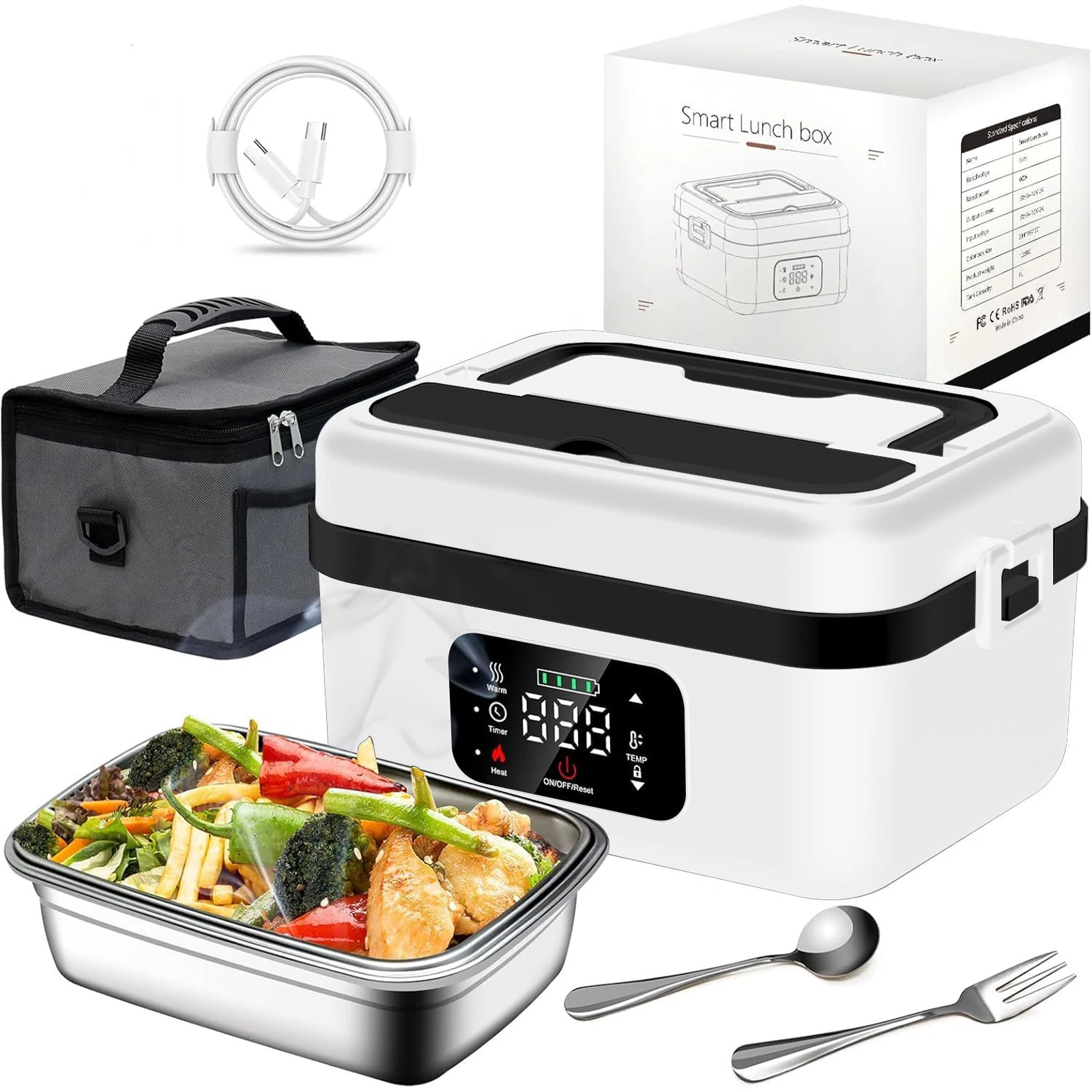 Fiambrera con calefacción automática con temporizador recargable de 8000mAh, calentador de alimentos portátil de 1L con tenedor, cuchara y bolsa de transporte aislada