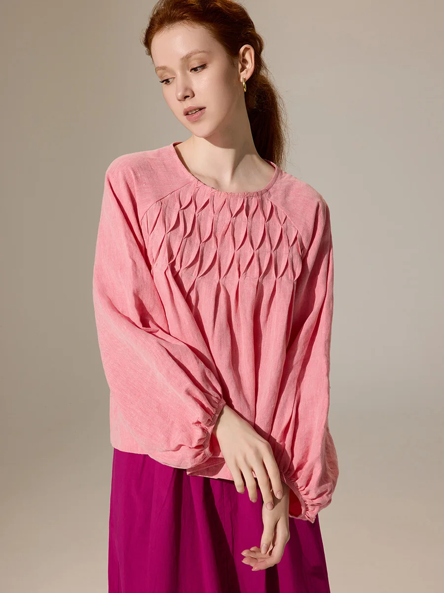 

Fre Anti-Aging Han Hanlin Pattern Pleated Doll Sle irt Women's Spring Summer Artistic Lantern Sve A-Line irt