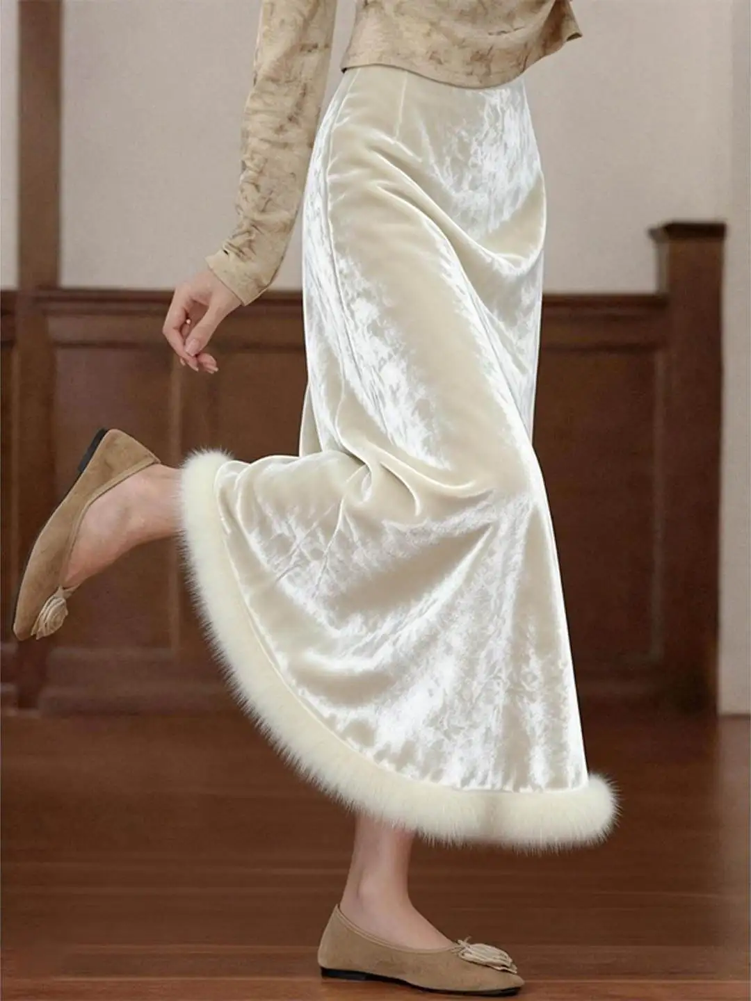 Spring Fall Women Elegant Fur Patchwork Beige Velvet Skirt , Woman Fashion Thick Warm Trumpet Velour Skirts