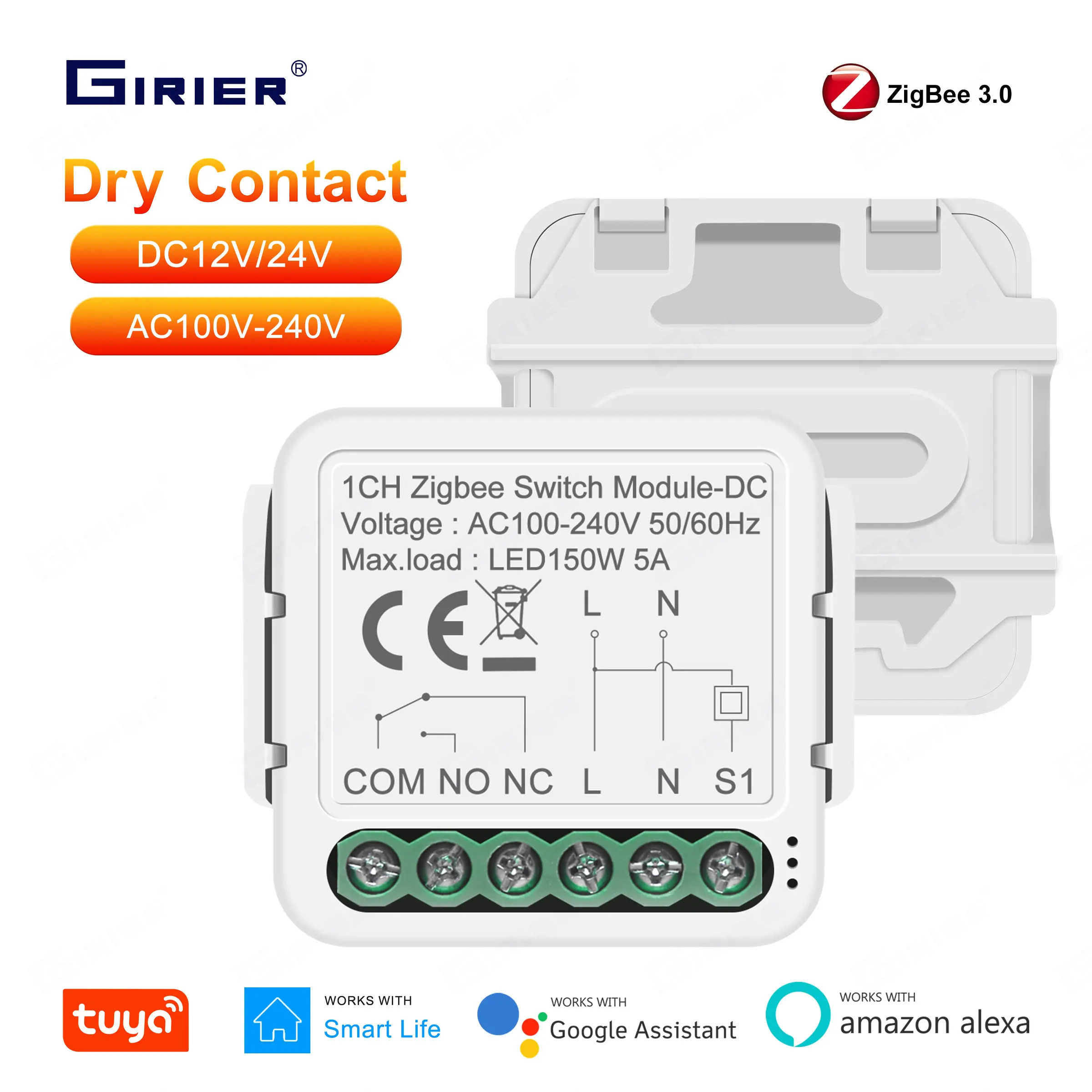 GIRIER Smart ZigBee-schakelaarmodule Droog contact 5A Universeel onderbrekerrelais DC 12/24V AC 100-240V Compatibel met Alexa Hey Google