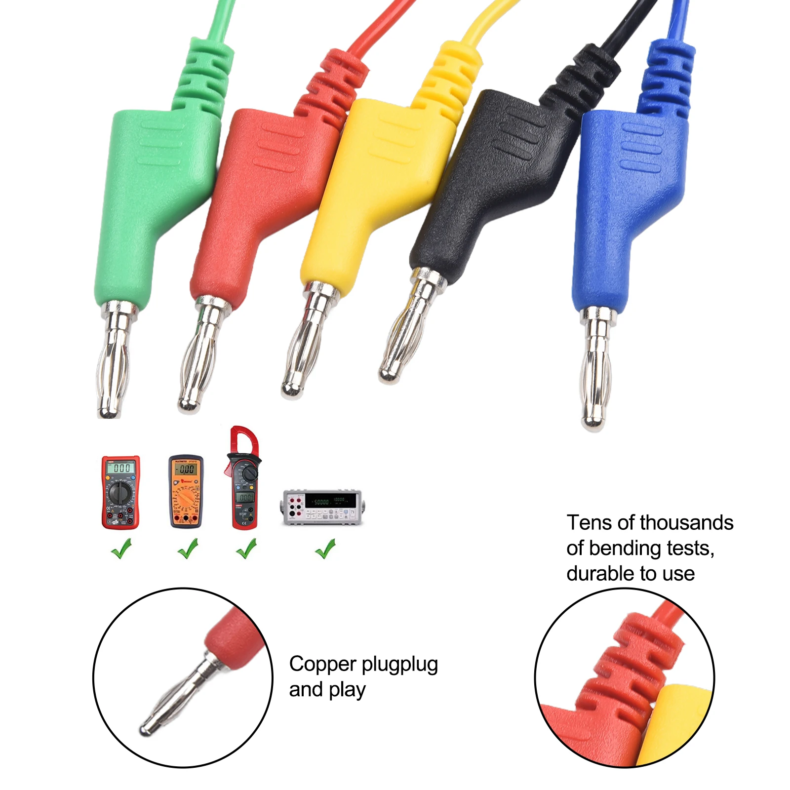 P1043 5PCS double 4mm copper banana test cables 100cm insulated soft PVC wiring for multimeter and power supply applications