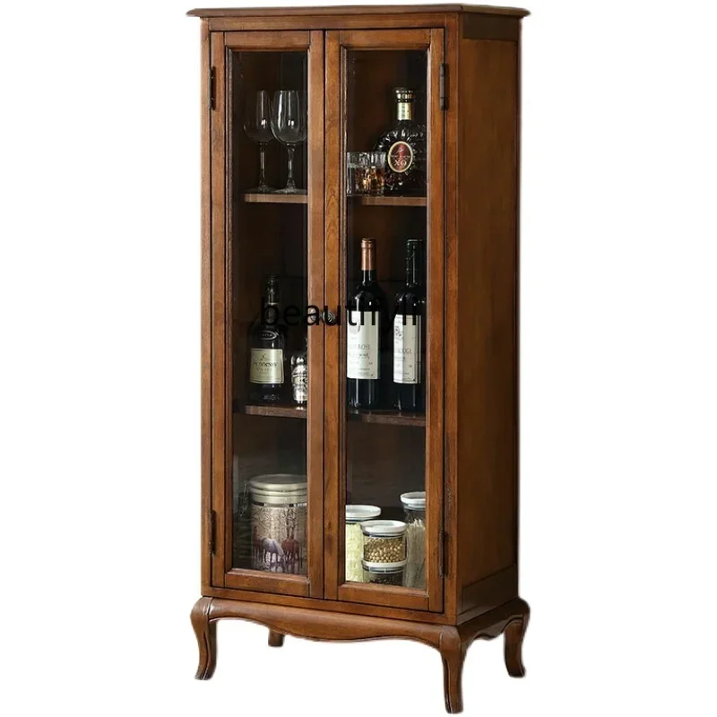 American-Style Solid Wood Wine   Small Locker European-Style Living Room Wall Storage Cabinet Shelf Glass Display Side Cabinet