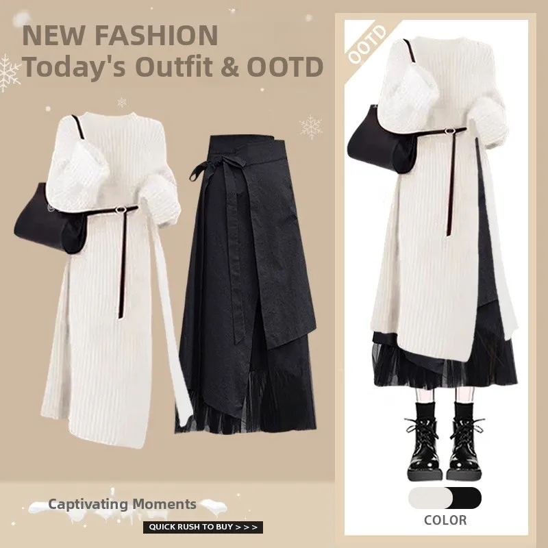 

Long Knitted Sweater And High Waist Skirt Two Piece Set Women's Spring Faion plus Size Clothing Ethnic Sle Dr