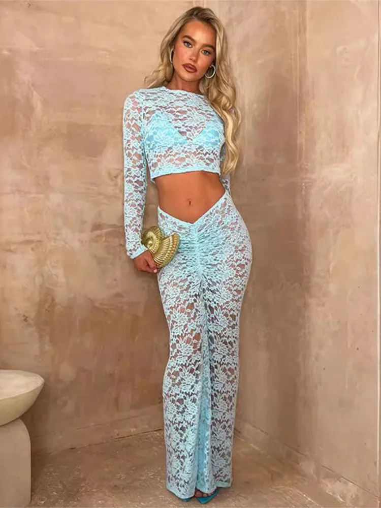 Swimwear Skirt Lace Cover-up 2 Piece Set Women Crop Tops And Long Skirt Bathing Suit Fashion Solid Sexy Beach Cover Up Outfits