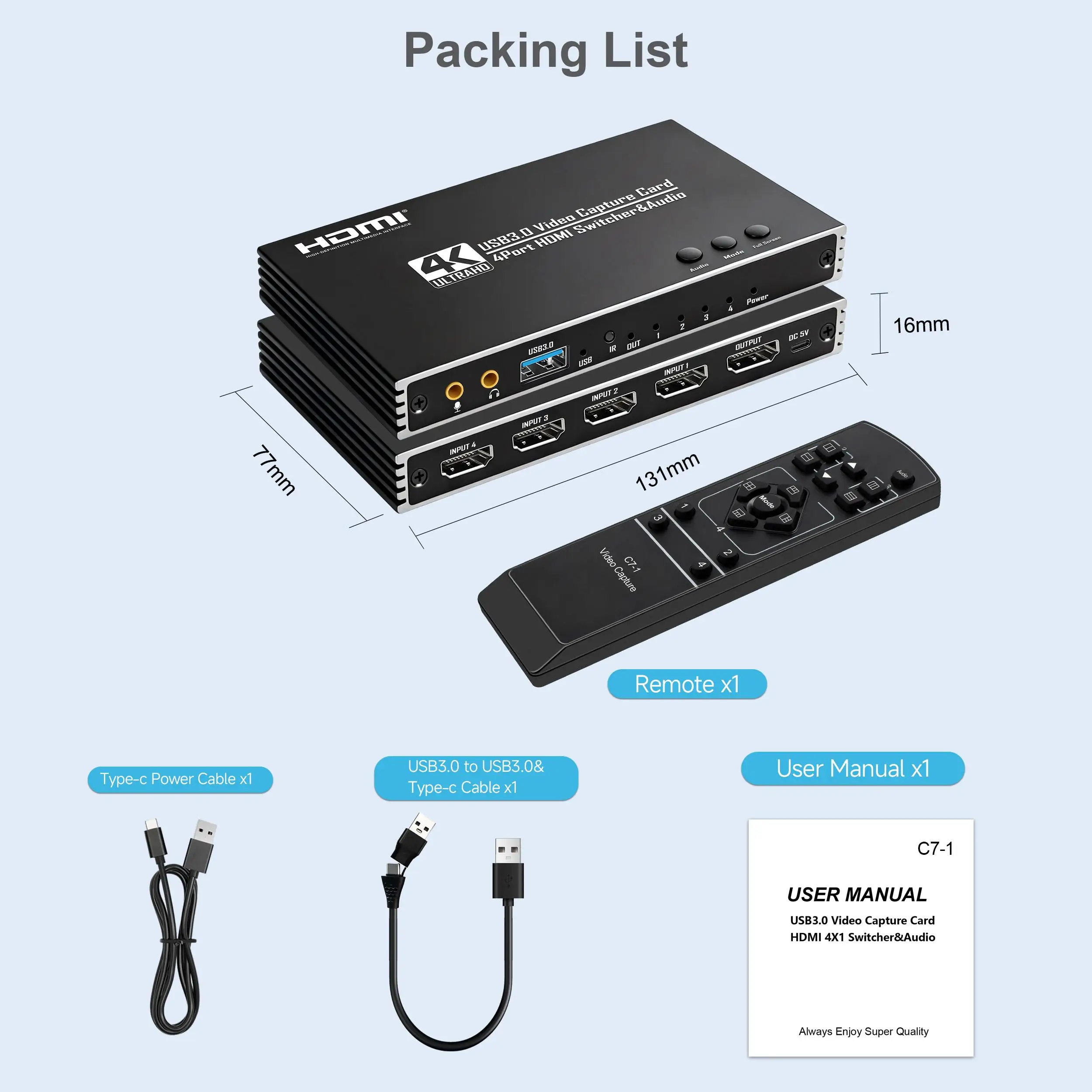 USB3.0 4K HDMI Video Capture Card Aluminum Alloy Black HDTV Recording Device Ultra Durable HDMI Loop Out Plug & Play for Game