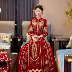 Cheongsam Hanfu Embroidery Dragon Phoenix Chinese Traditional Couple Wedding Suit Cheongsam Elegant Bride Vintage Qipao Dress