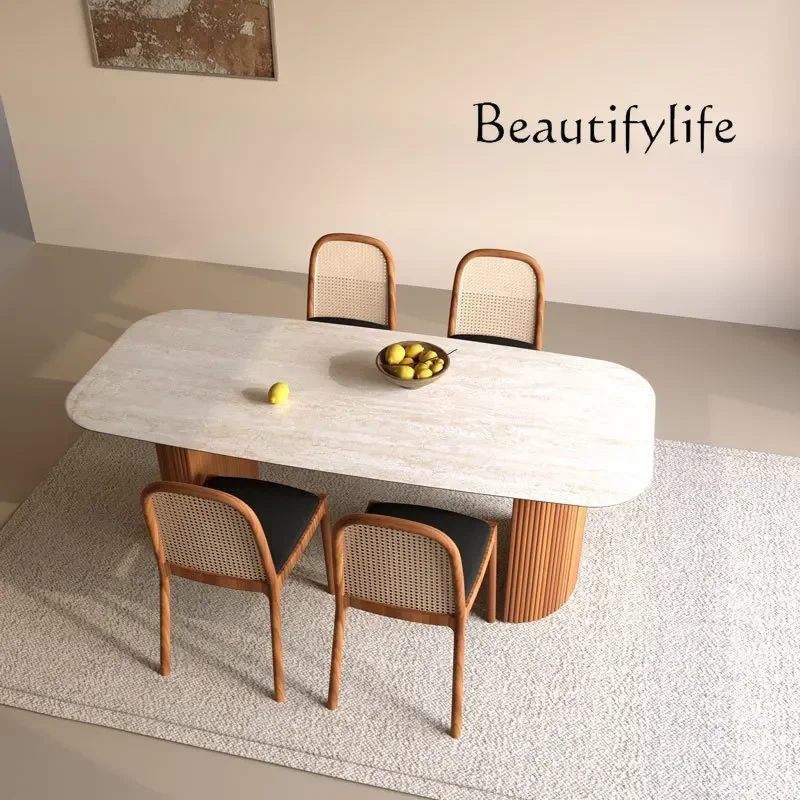 

Wabi Sansan retro walnut dining table chair combination imported travertine oval minimalist rock slab cream style dining table