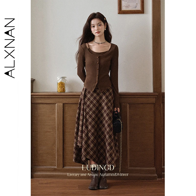 ALXNAN المرأة تنورة الخريف جديد خمر منقوشة تنورة طويلة ملفوفة الاتجاه 2025 أنيقة غير النظامية هيم متقلب ميدي التنانير L569117