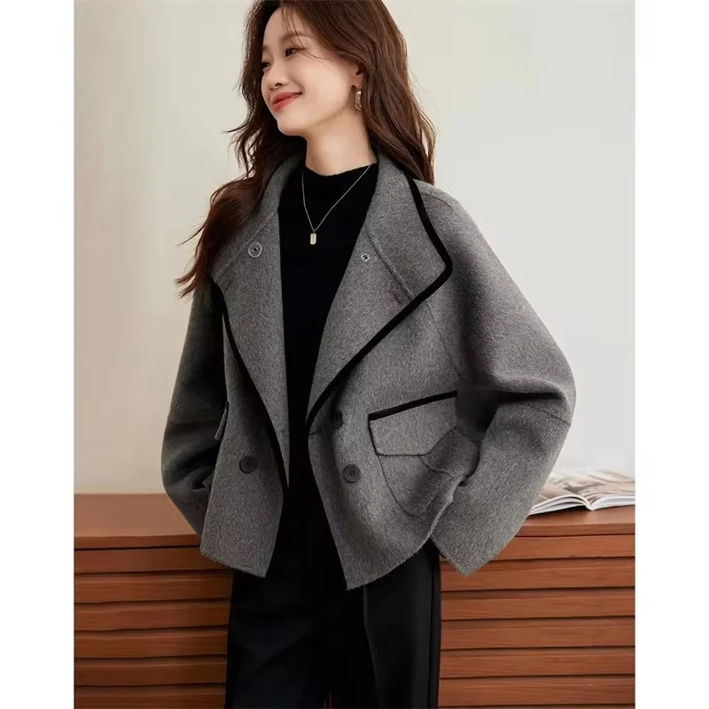 

Autumn Winter Ladies Short Double-Breasted Woolen Coat Female Solid Color Outwear Korean Color Collision Wool Blend Jacket Women